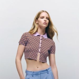 GEOMETRIC KNIT JACQUARD POLO SWEATER SIZE S